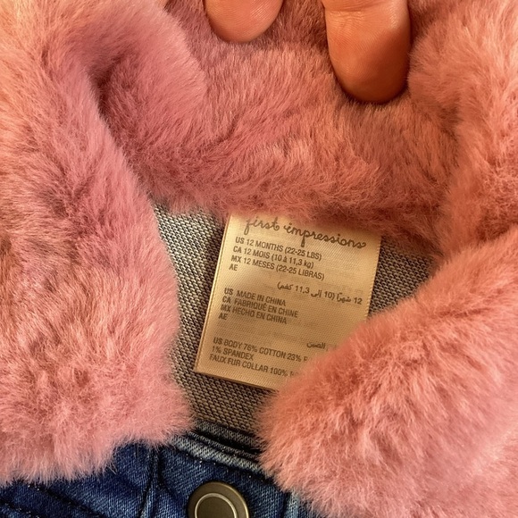 First Impressions Baby Girl Comfy Stretch Denim Jacket Faux-Fur Collar 12 Months - Picture 3 of 6